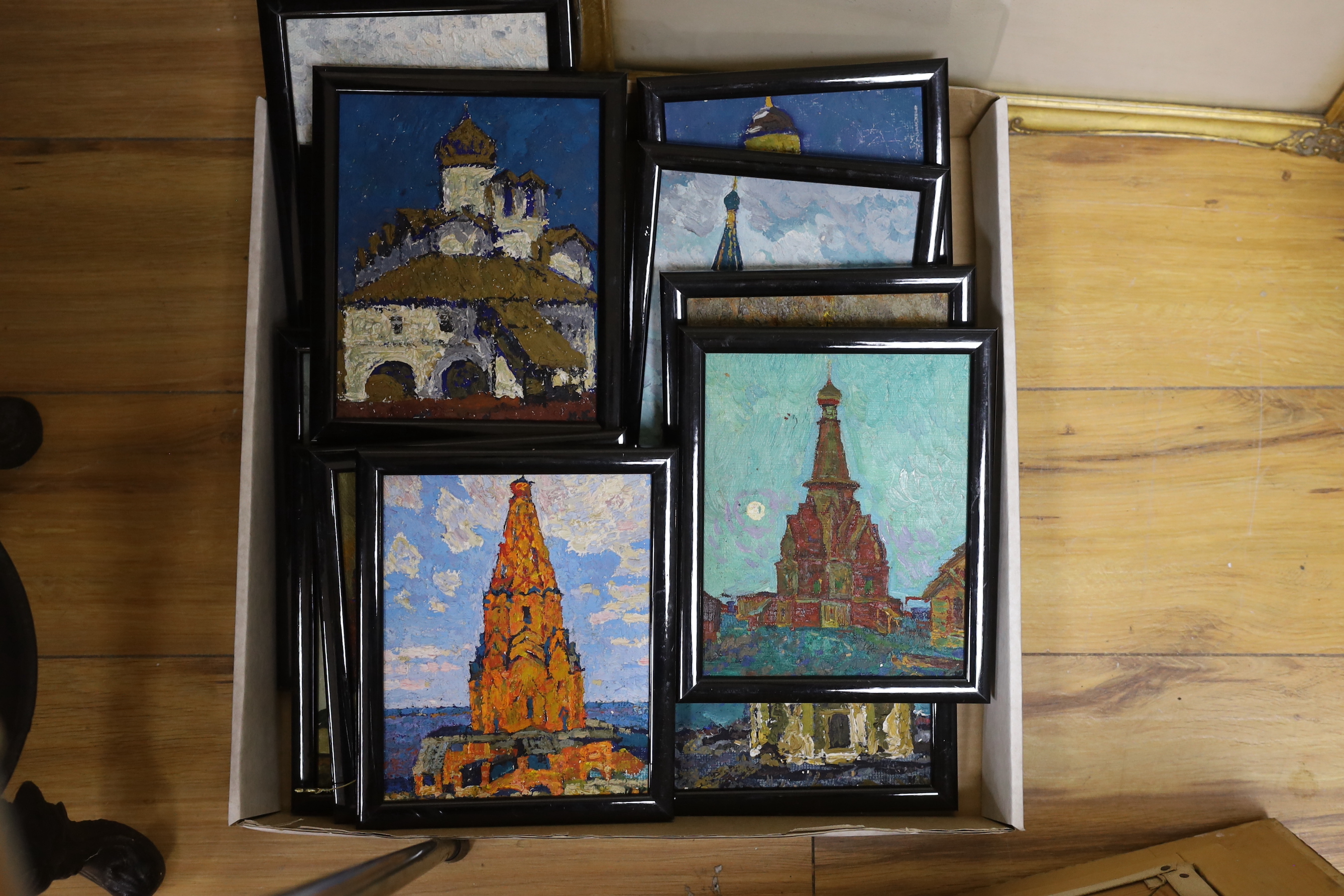 Russian School, set of twelve oils on board, Views of historic buildings, 18 x 15cm